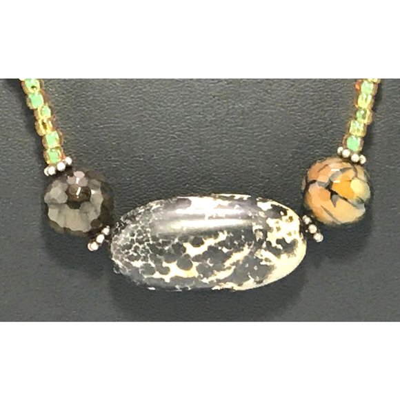 Handmade Boho Necklace Jasper Focal Bead Fire Crackle Agate & Glass Pony Beads - Picture 2 of 6